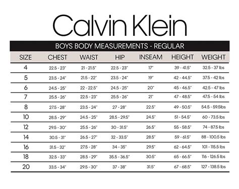 calvin klein size guide